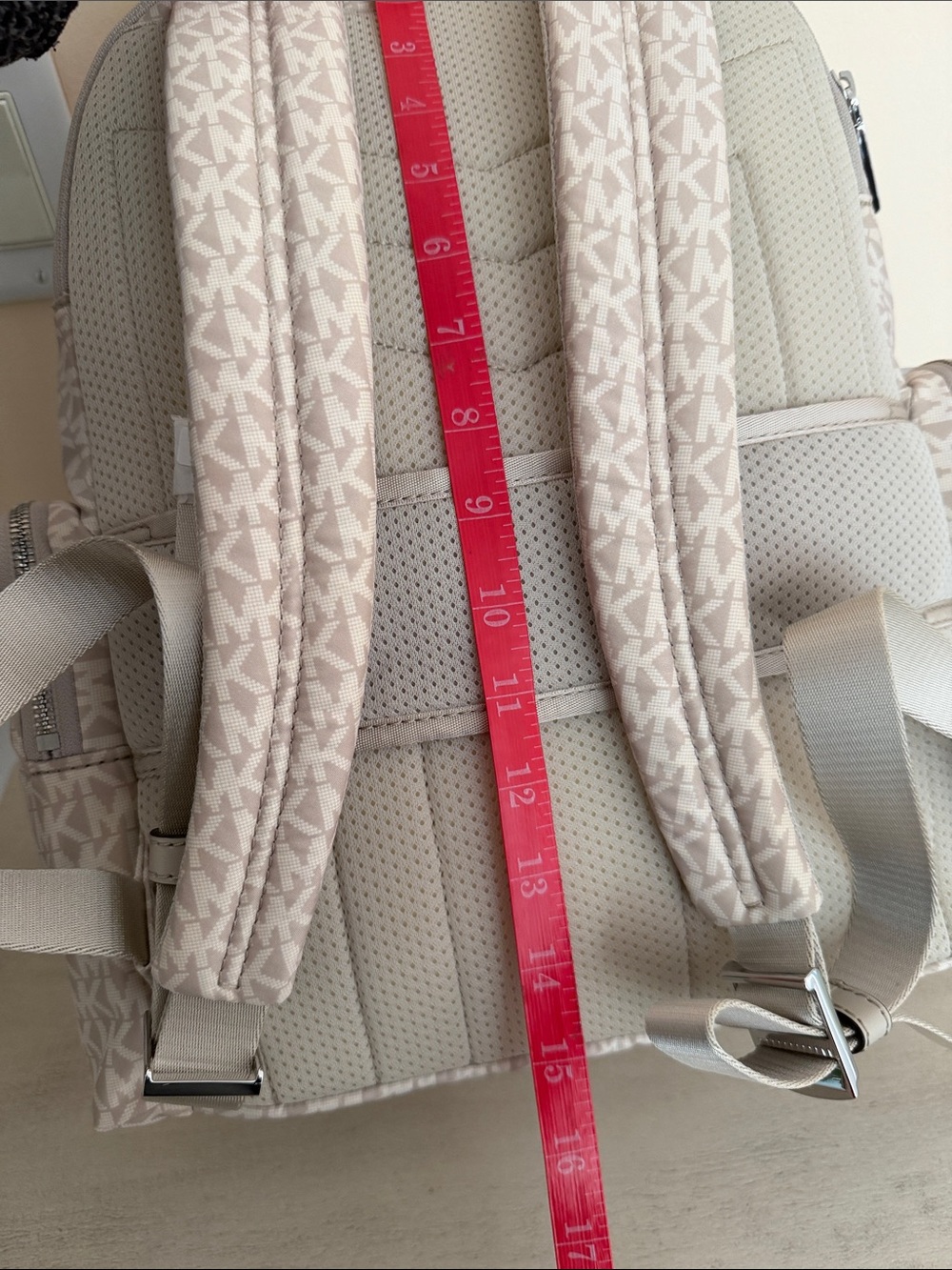 Michael Kors Beige MK woven Logo Backpack with Silver Accents - Picture 12 of 12
